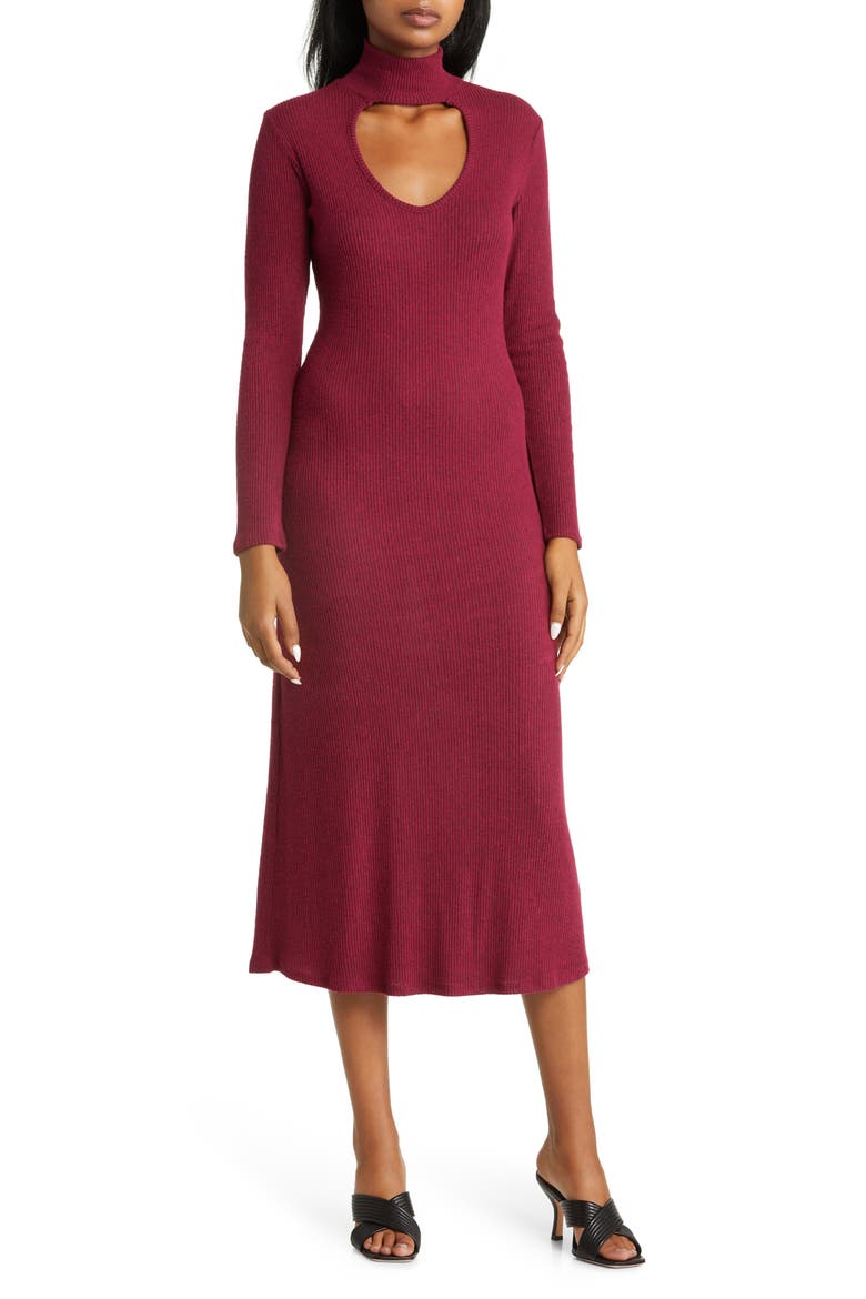 Cutout Long Sleeve Midi Dress, Main, color, BURGUNDY