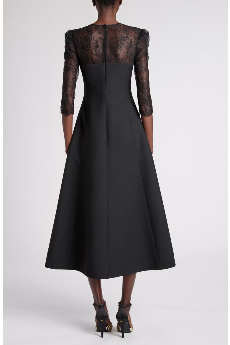 Bow Detail Lace & Crepe Midi Dress, Alternate, color, BLACK