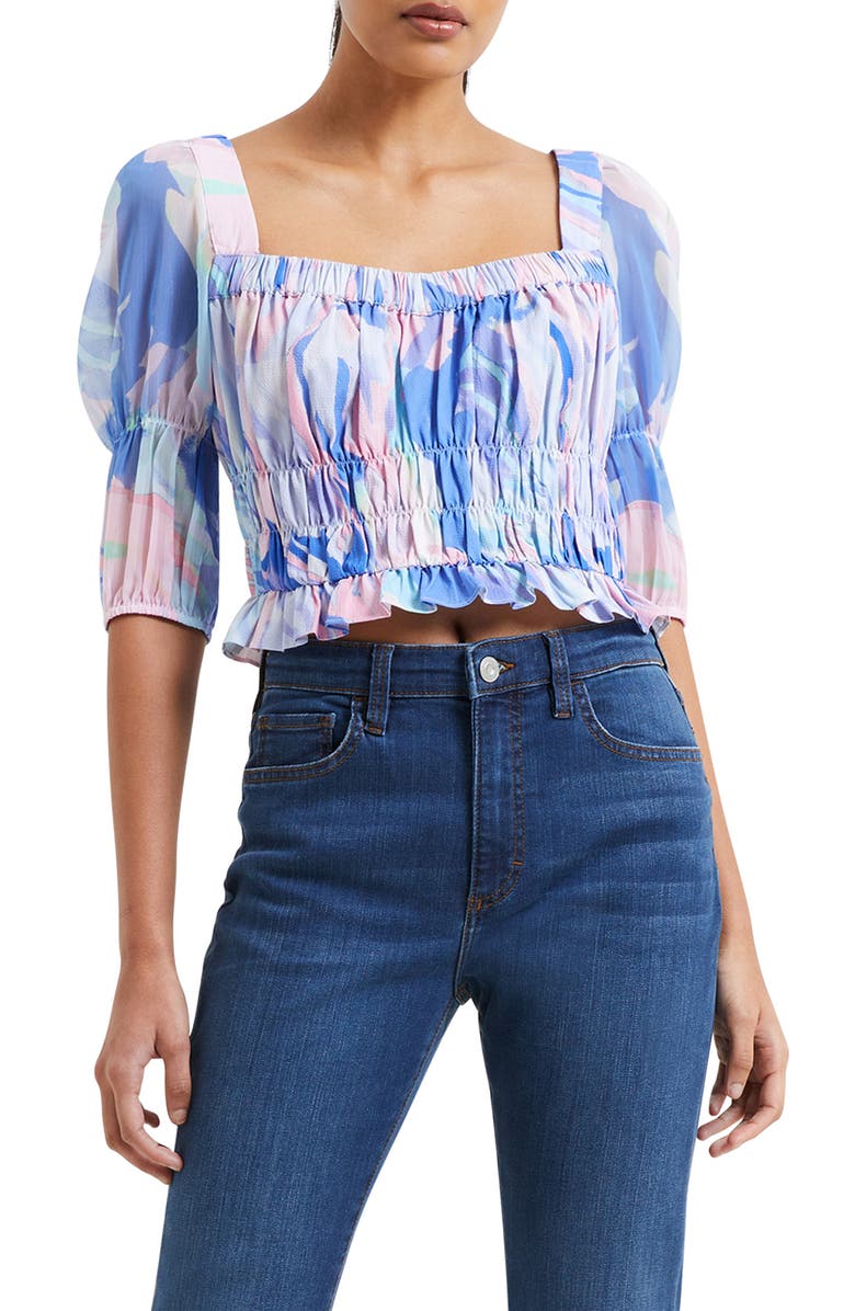 French Connection Dalla Verona Hallie Watercolor Print Shirred Square Neck Top, Main, color,