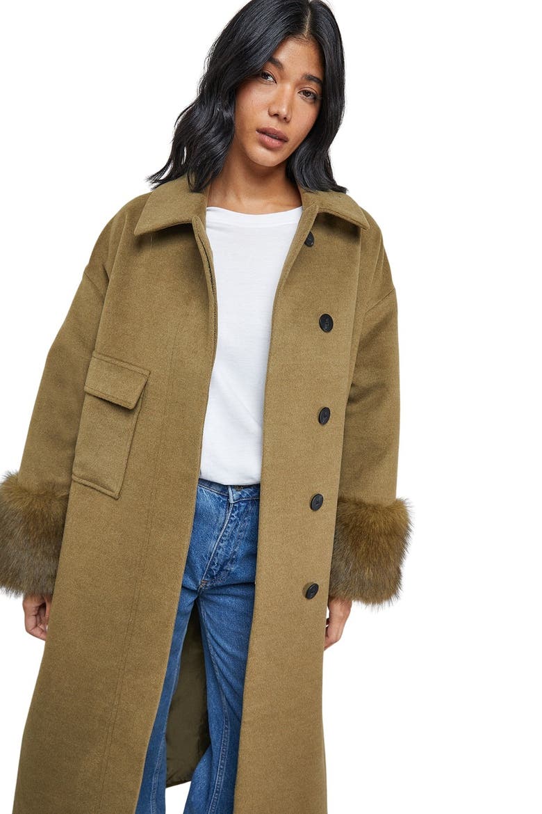Patch Pocket Faux Fur Cuff Maxi Coat, Alternate, color, Green