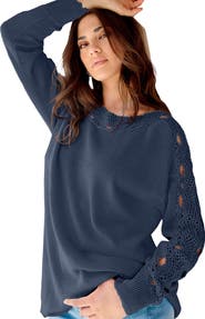 Roaman's Pointelle Sleeve Pullover