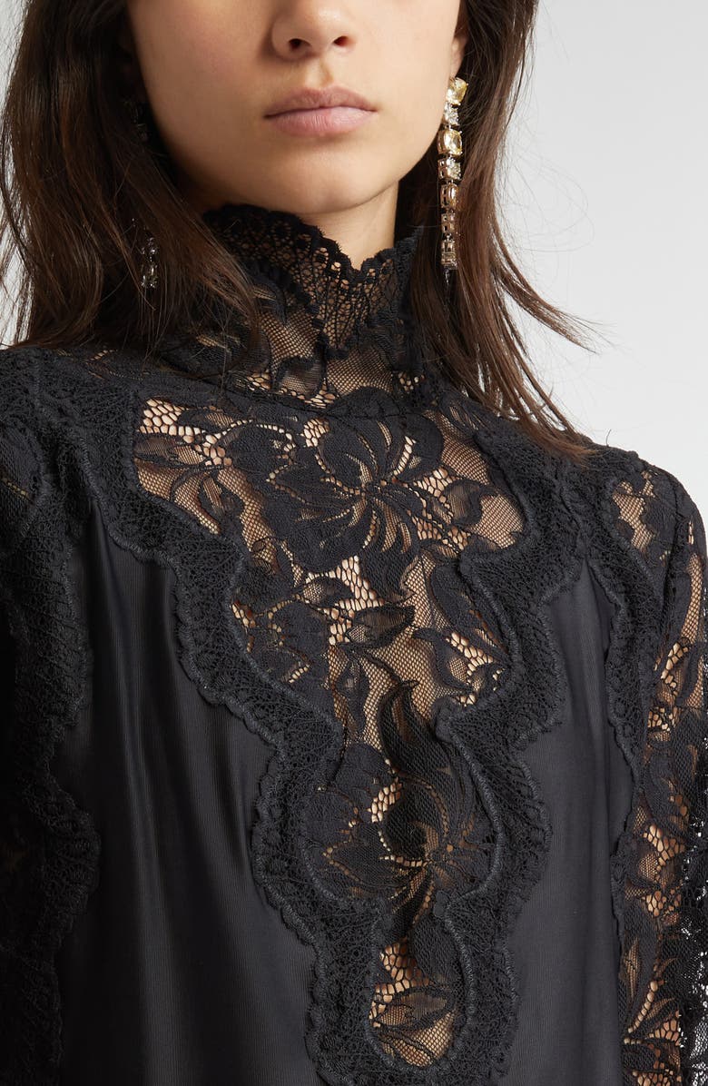 Rabanne Mock Neck Lace & Satin Top, Alternate, color, Black