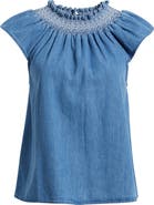 Treasure & Bond Smocked Neck Chambray Top