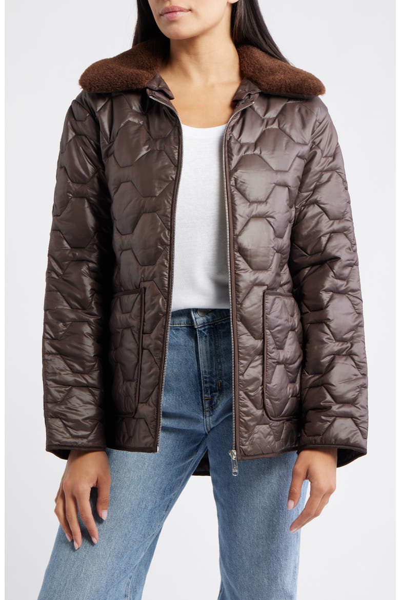 Wide Hexagon Quilted Coat with Removable Faux Fur Collar, Main, color, CHOCOLATE