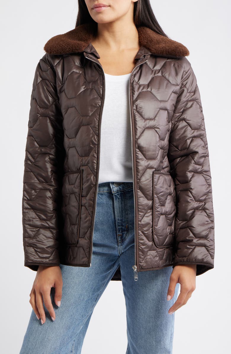 Sam Edelman Wide Hexagon Quilted Coat with Removable Faux Fur Collar, Main, color, Chocolate