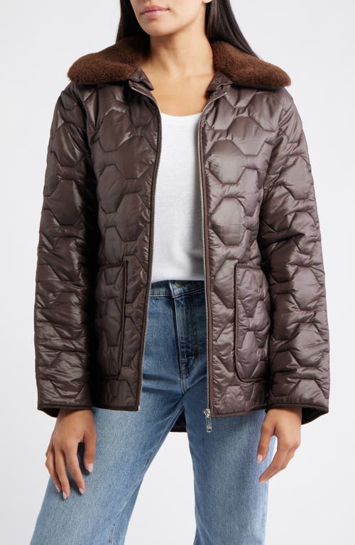 Sam Edelman Wide Hexagon Quilted Coat With Removable Faux Fur Collar In Brown