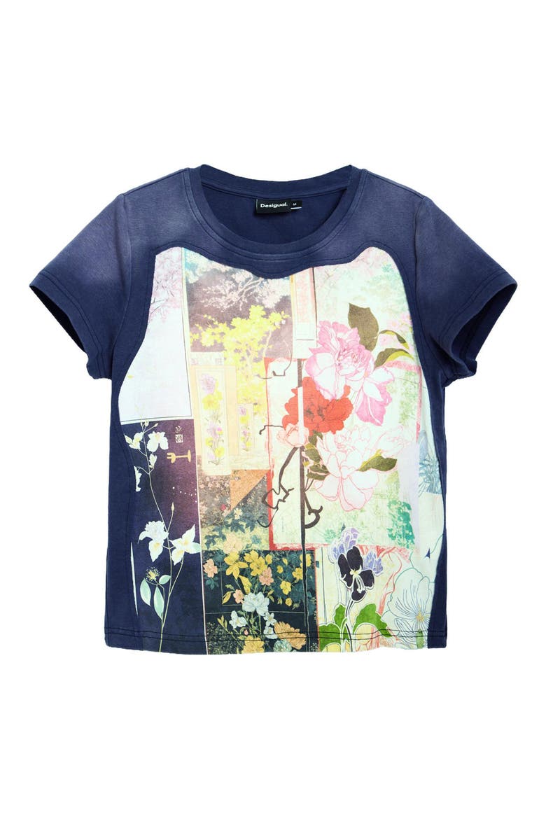 Floral Print Stretch Cotton T-Shirt, Alternate, color, BLACK