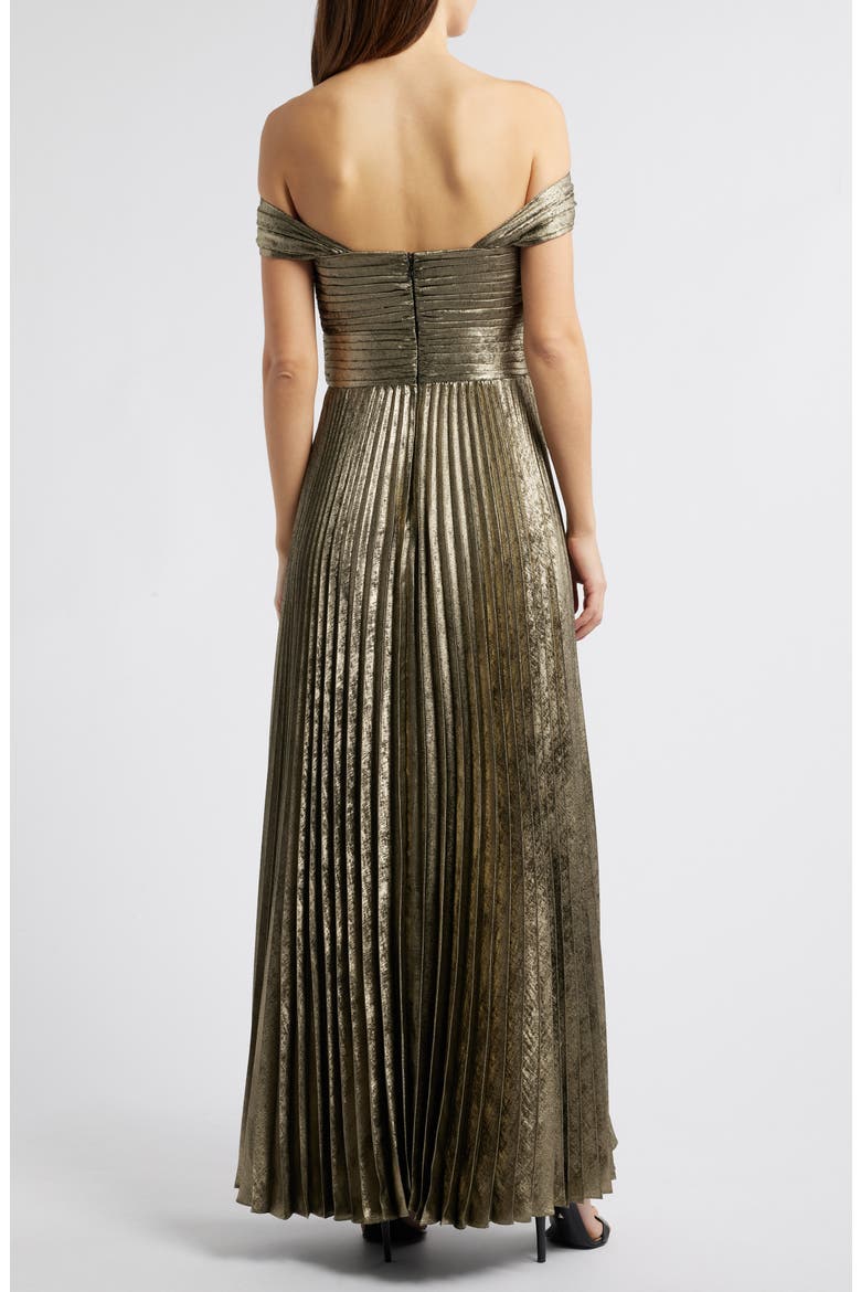 Metallic Off the Shoulder Pleated Gown, Alternate, color, GOLD