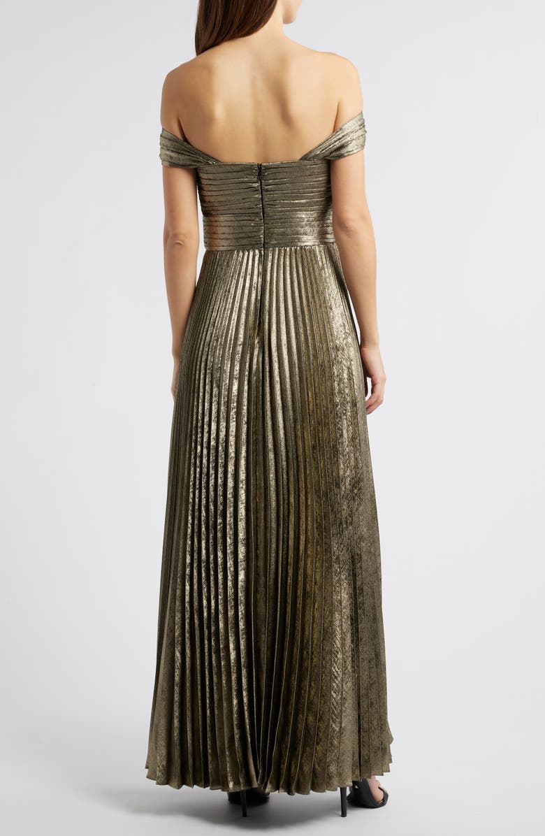 Tahari ASL Metallic Off the Shoulder Pleated Gown, Alternate, color, Gold