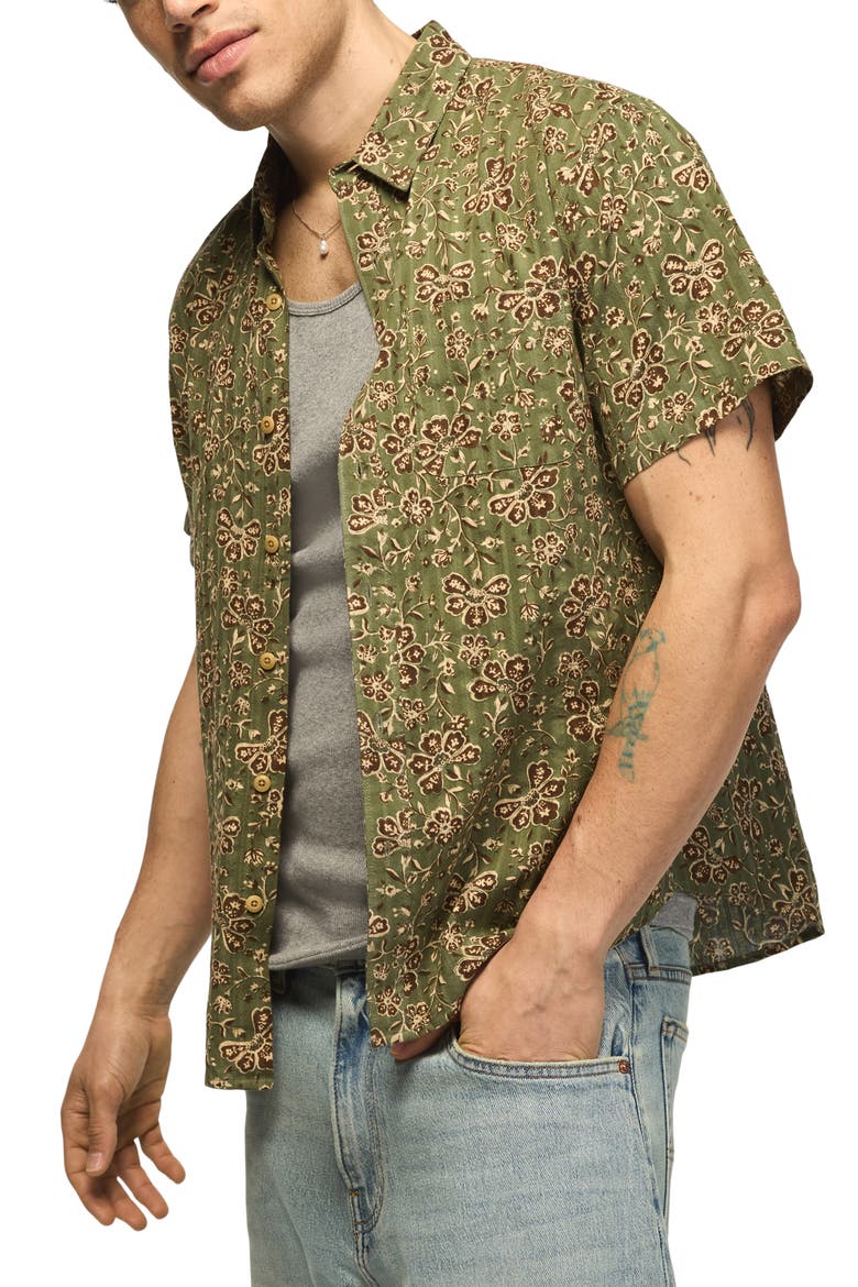 Floral Short Sleeve Cotton Button-Up Shirt, Alternate, color, GREEN FLORAL