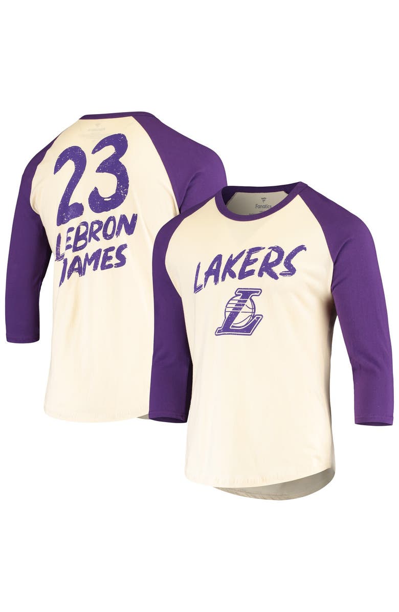 FANATICS Men's Fanatics Branded LeBron James Cream/Purple Los Angeles Lakers Raglan 3/4 Sleeve T-Shirt, Main, color, 