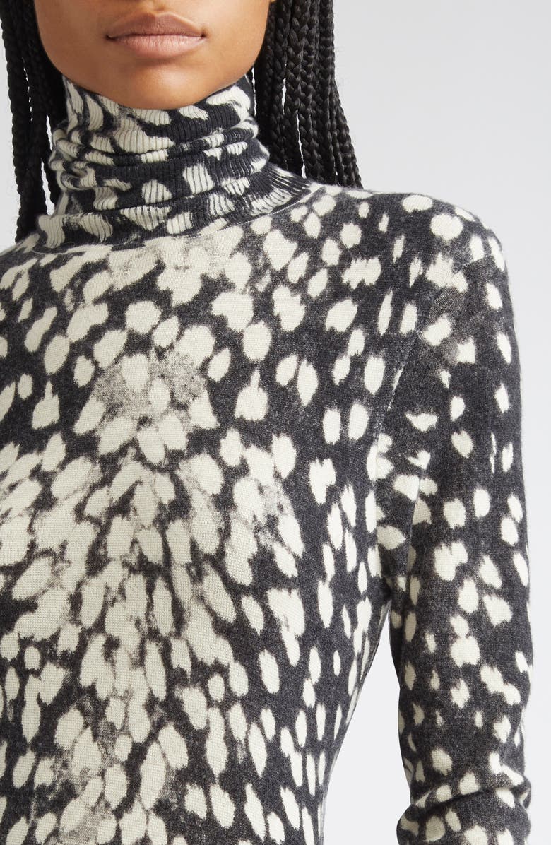 Brandon Maxwell The Camille Hand-Printed Long Sleeve Cashmere Turtleneck Sweater Dress, Alternate, color, Snow Leopard