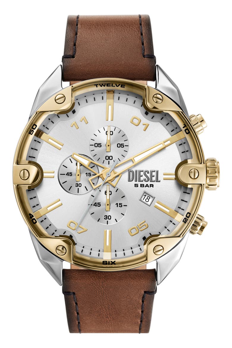 Spiked Chronograph Leather Strap Watch, Main, color, BROWN