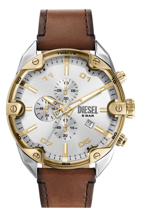 Spiked Chronograph Leather Strap Watch