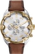 DIESEL® Spiked Chronograph Leather Strap Watch