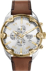DIESEL® Spiked Chronograph Leather Strap Watch