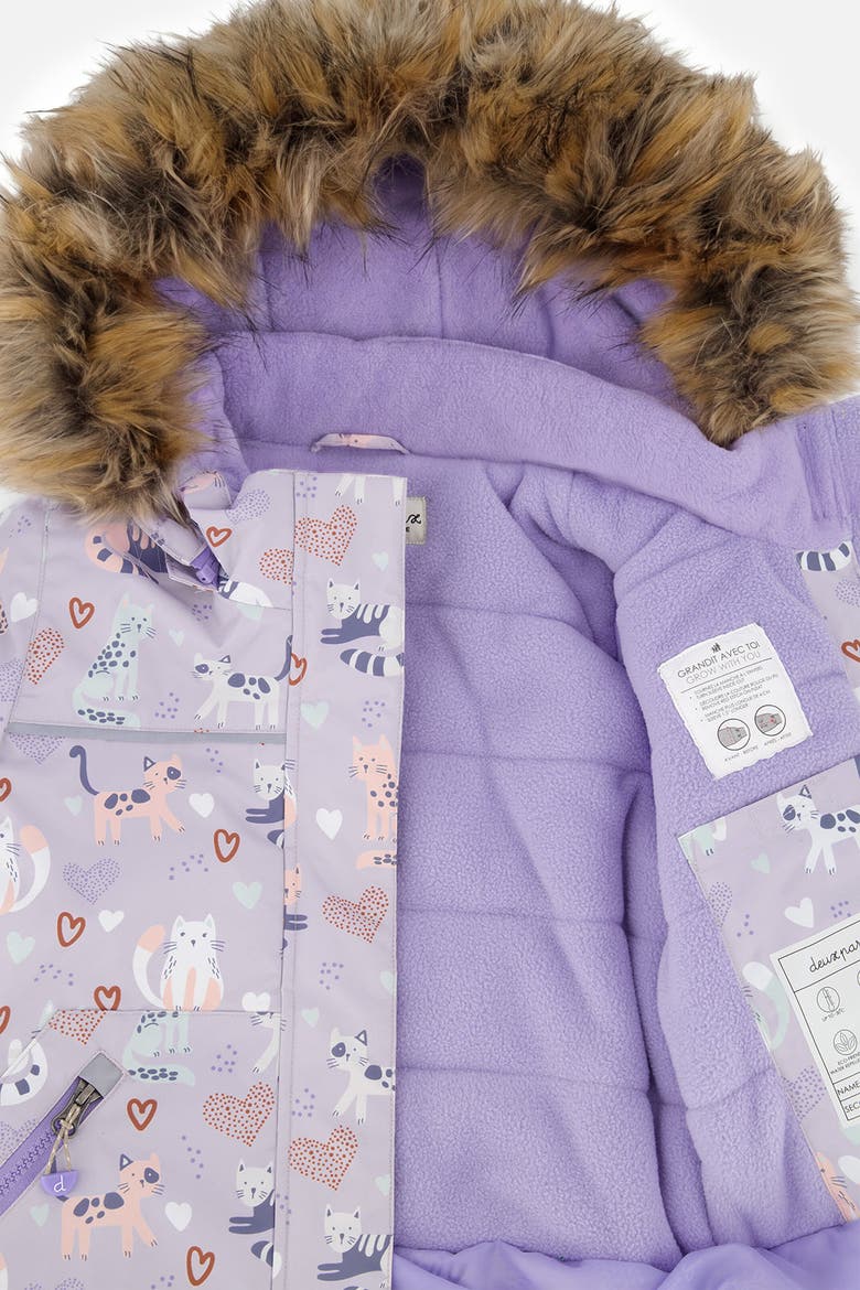 Discover Cats Faux Fur Hood Jacket & Suspender Pants Two Piece Snowsuit, Alternate, color, Purple Printed Cats