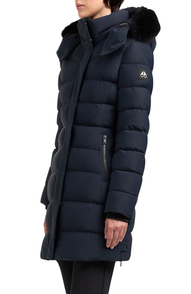 Moose Knuckles Watershed 3 Water Resistant 800 Fill Power Down Puffer Coat with Genuine Shearling Trim Removable Hood, Alternate, color, Navy W Black