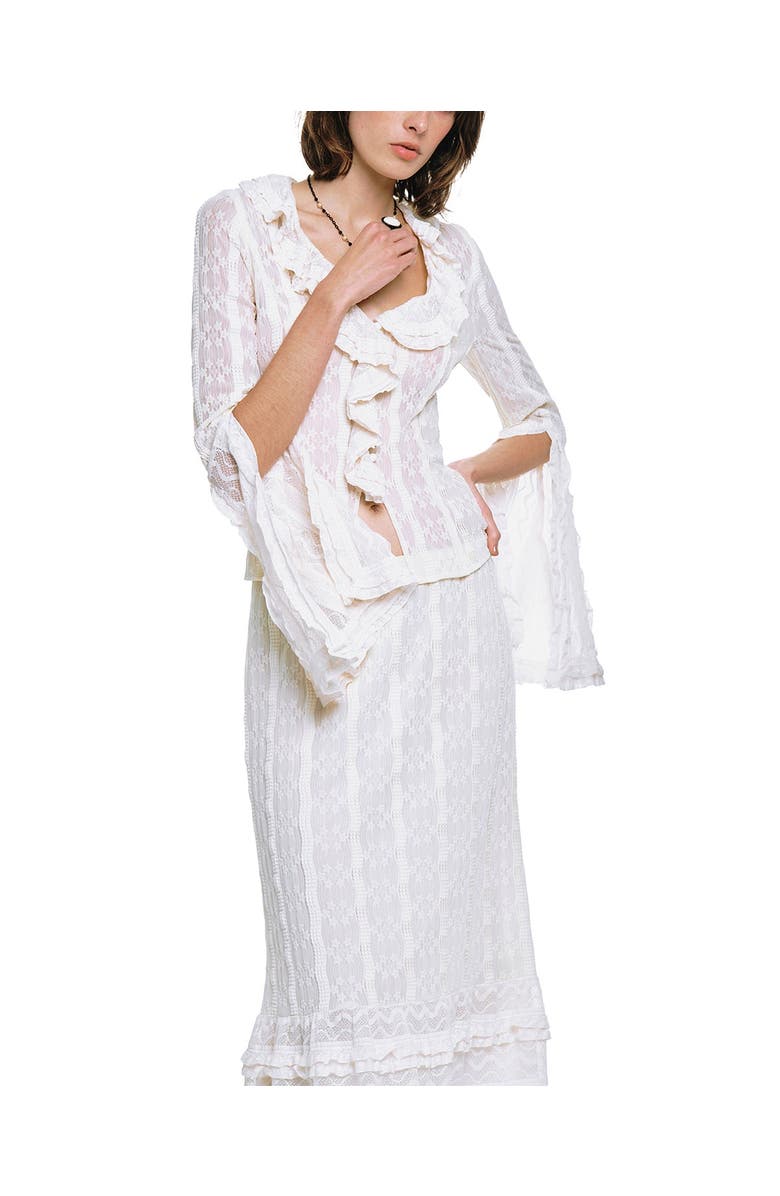 Anna Sui Floral Ruffle Stretch Lace Blouse, Alternate, color, Cream