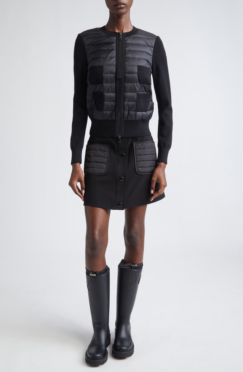 Moncler Wool Knit & Quilted Down Cardigan, Alternate, color, Black