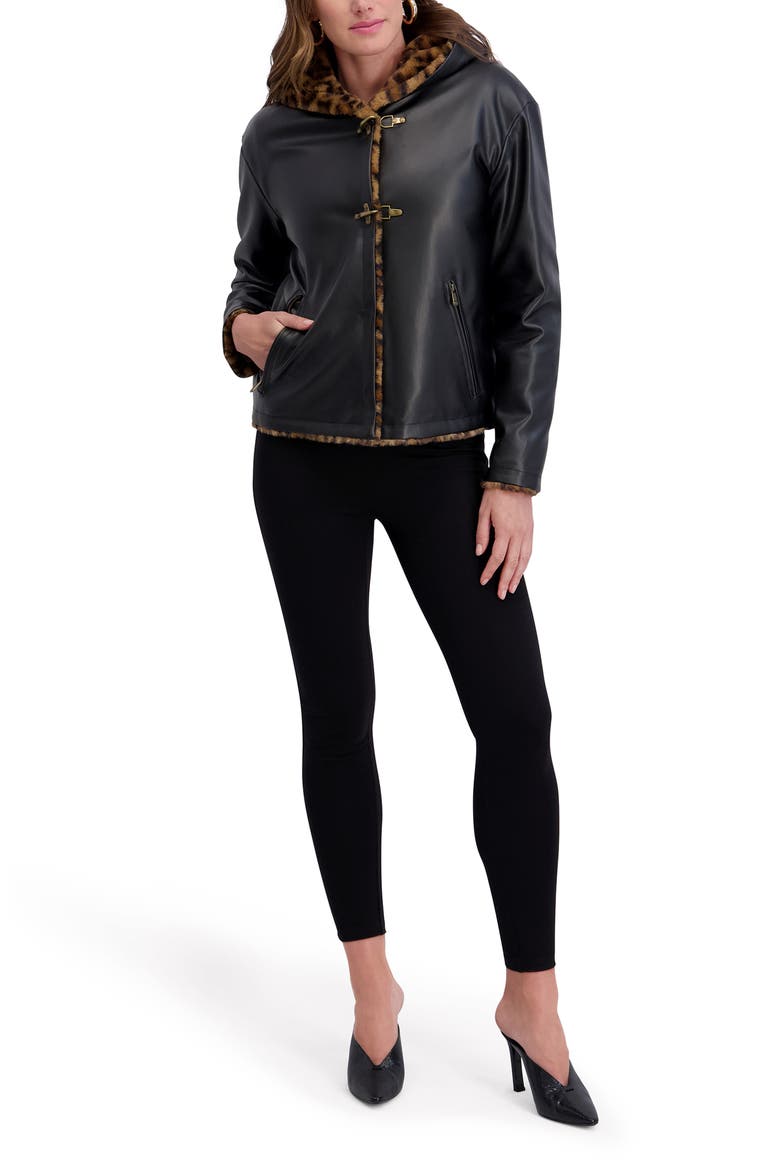 Faux Fur Lined Faux Leather Hooded Jacket, Alternate, color, BLACK