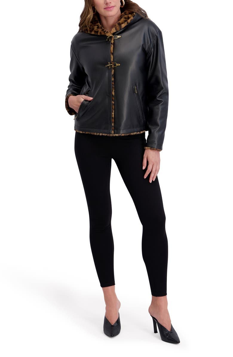 Kensie Faux Fur Lined Faux Leather Hooded Jacket, Alternate, color, Black