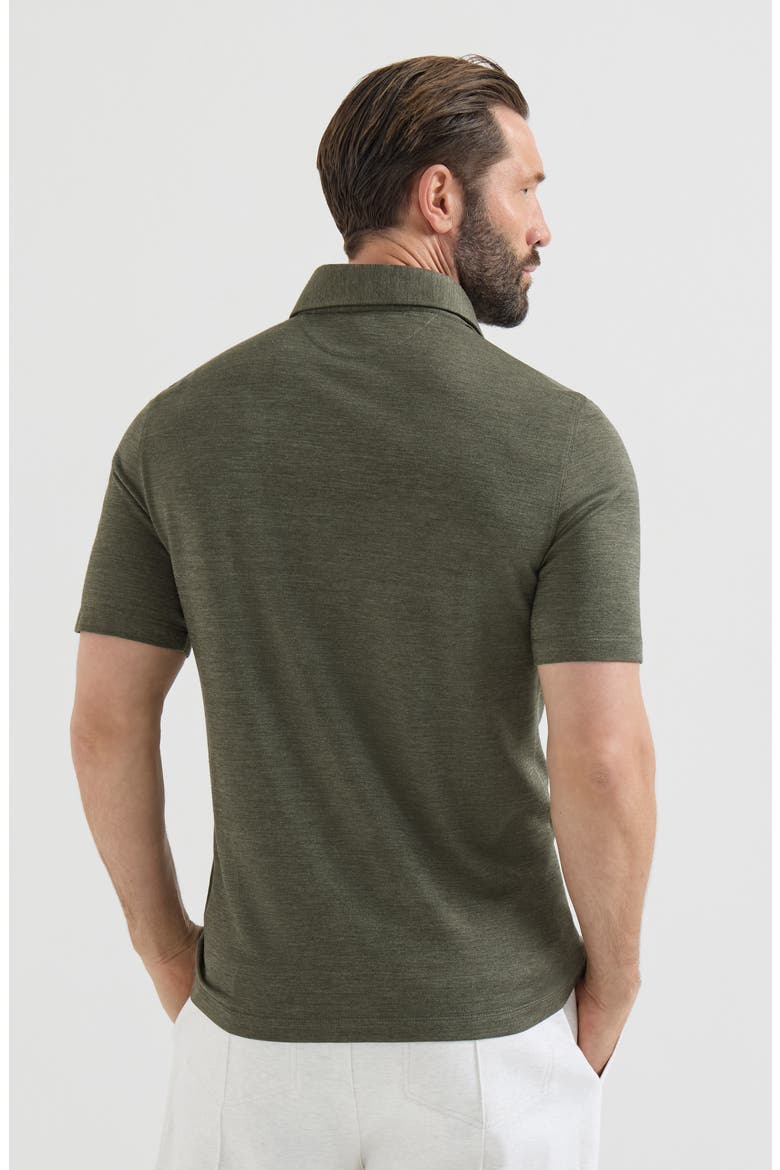 Virgin wool, silk and cotton piqué polo shirt with spread collar, Alternate, color, Military