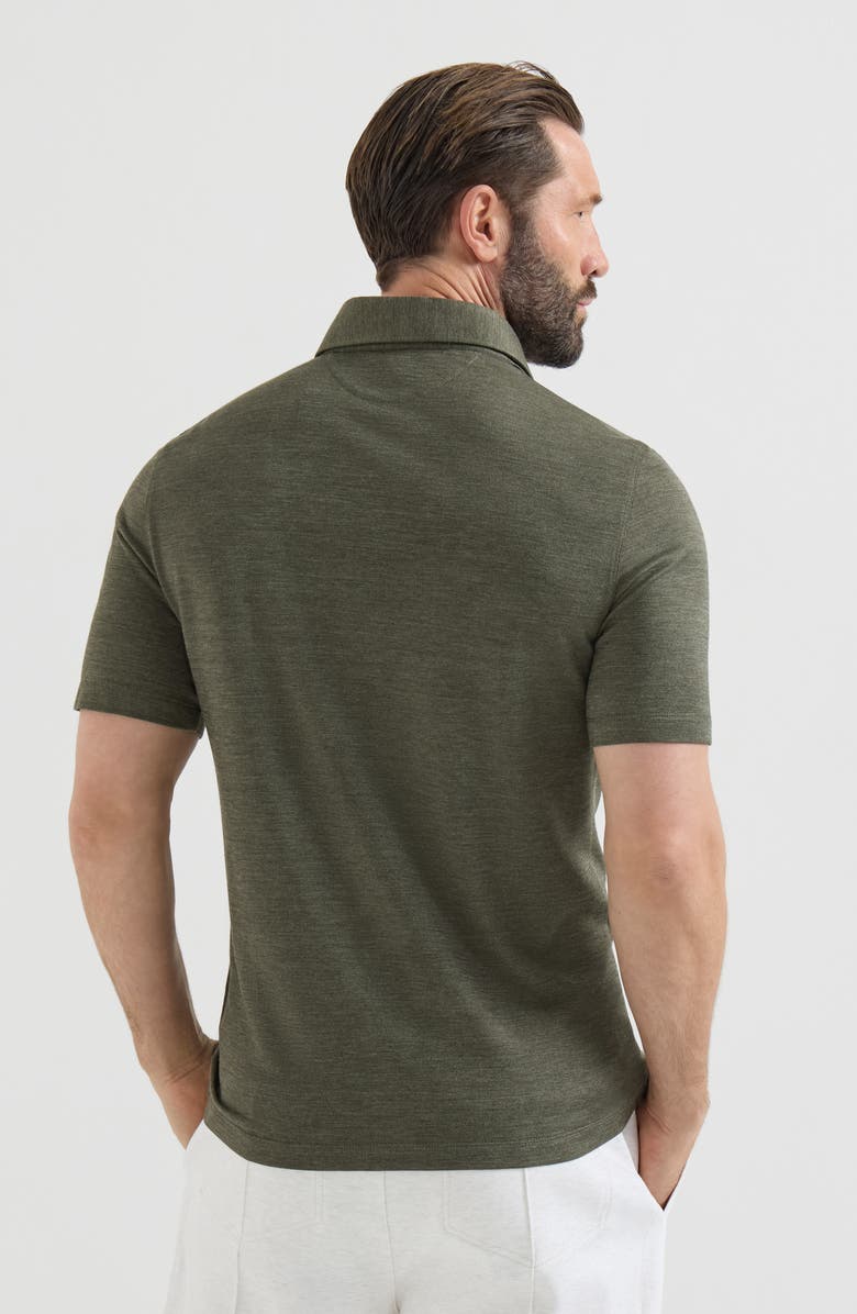 Brunello Cucinelli Virgin wool, silk and cotton piqué polo shirt with spread collar, Alternate, color, Military