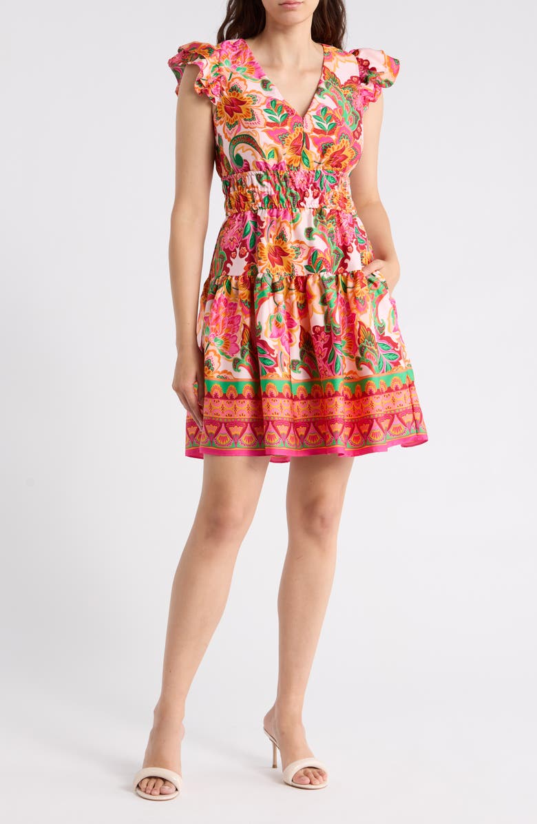 Vince Camuto Cap Sleeve Fit & Flare Minidress, Main, color, Pink Multi