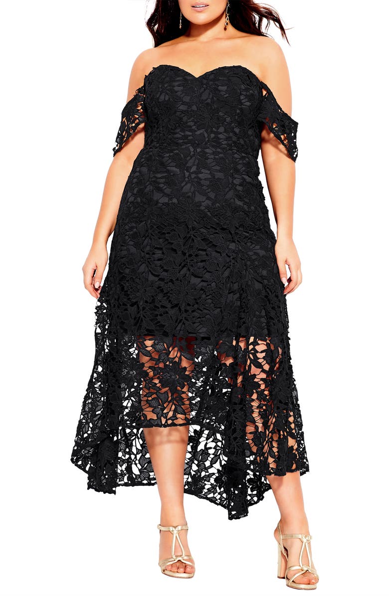 City Chic Lace Off the Shoulder High/Low Cocktail Dress, Main, color,