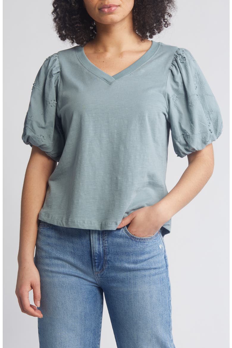 Embroidered Puff Sleeve V-Neck Top, Main, color, DUSTY SLATE