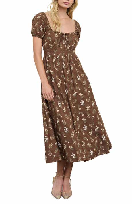 Floral Puff Sleeve Cotton Midi Dress