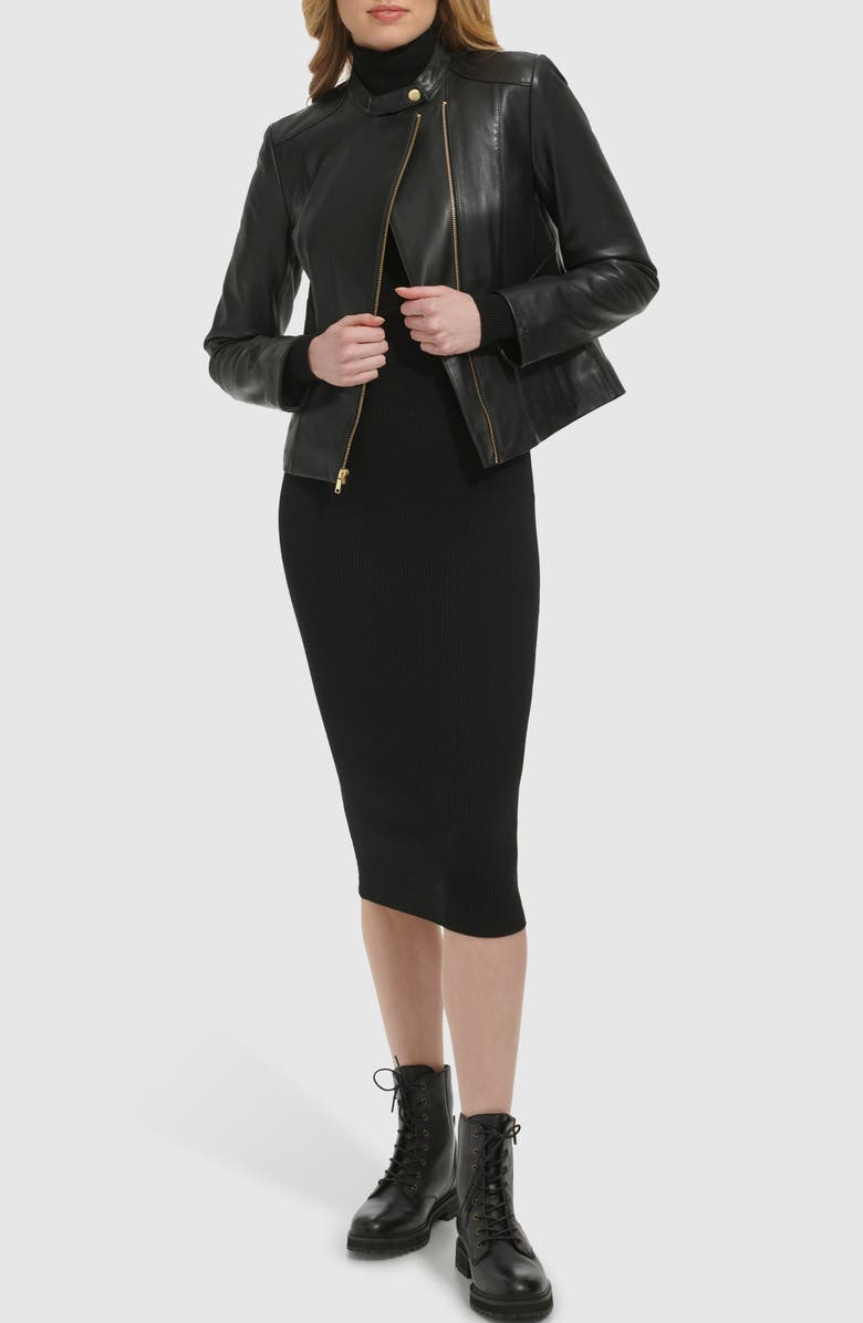 Cole Haan Band Collar Leather Moto Jacket, Alternate, color, Black