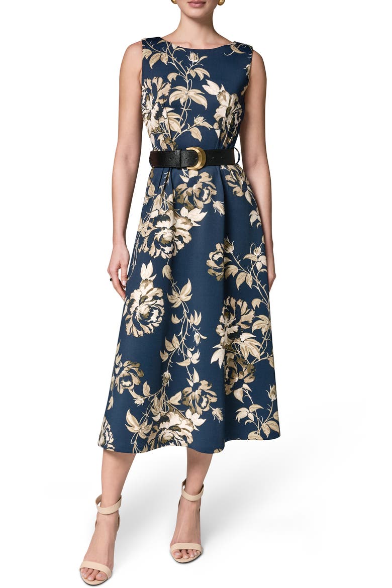 Floral Belted Stretch Fit & Flare Midi Dress, Main, color, NIGHT SKY