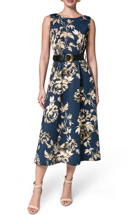 Floral Belted Stretch Fit & Flare Midi Dress