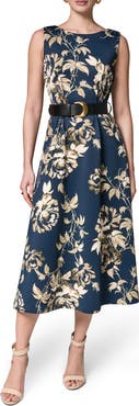 Donna Karan New York Floral Belted Stretch Fit & Flare Midi Dress