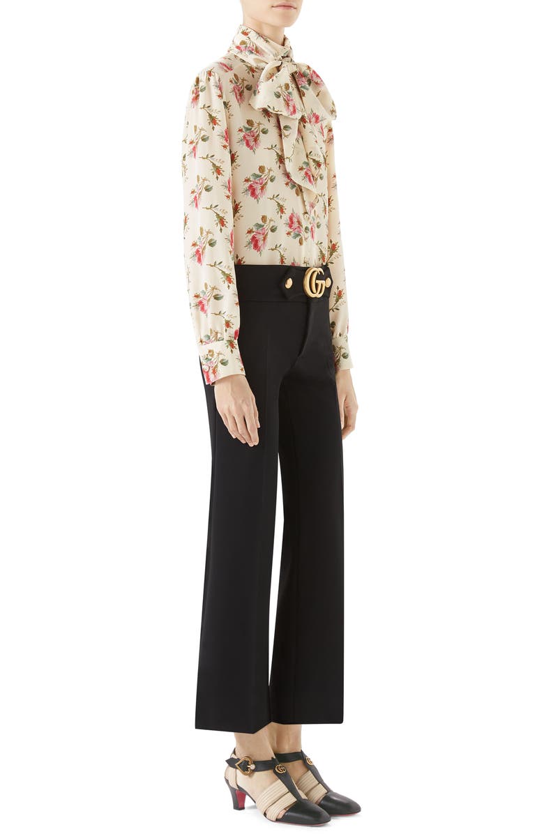 Gucci Rose Print Silk Tie Neck Blouse, Alternate, color, 