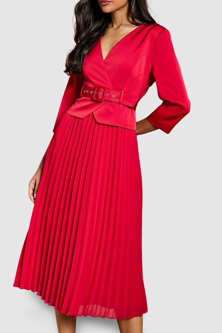 Satin Bodice Pleat Skirt Midi Dress, Alternate, color, Red