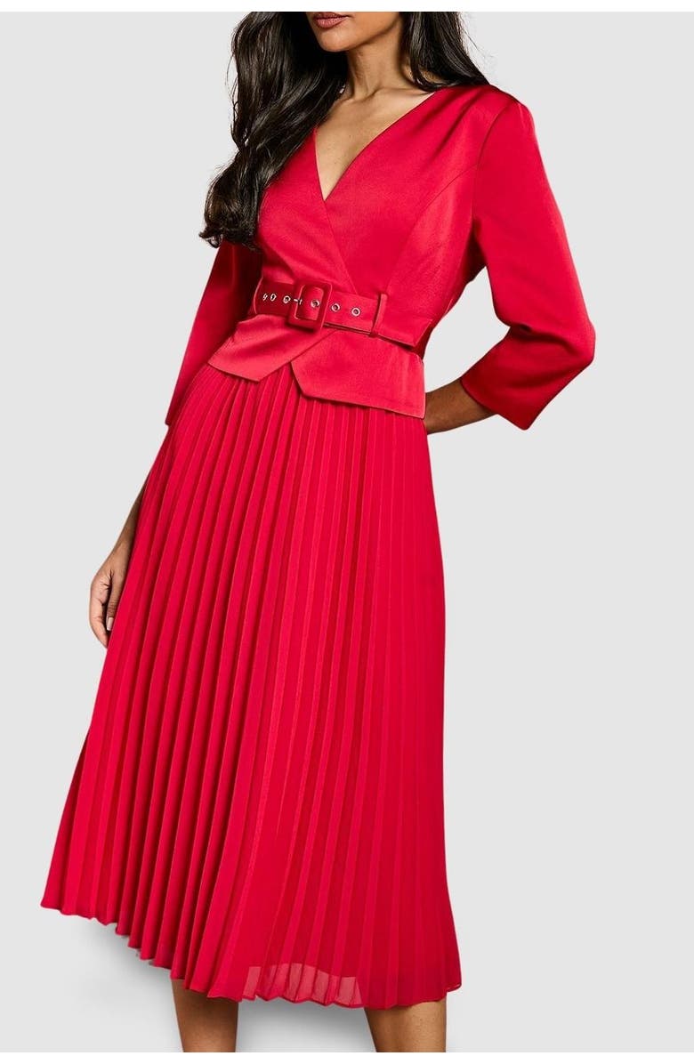Coast Satin Bodice Pleat Skirt Midi Dress, Alternate, color, Red