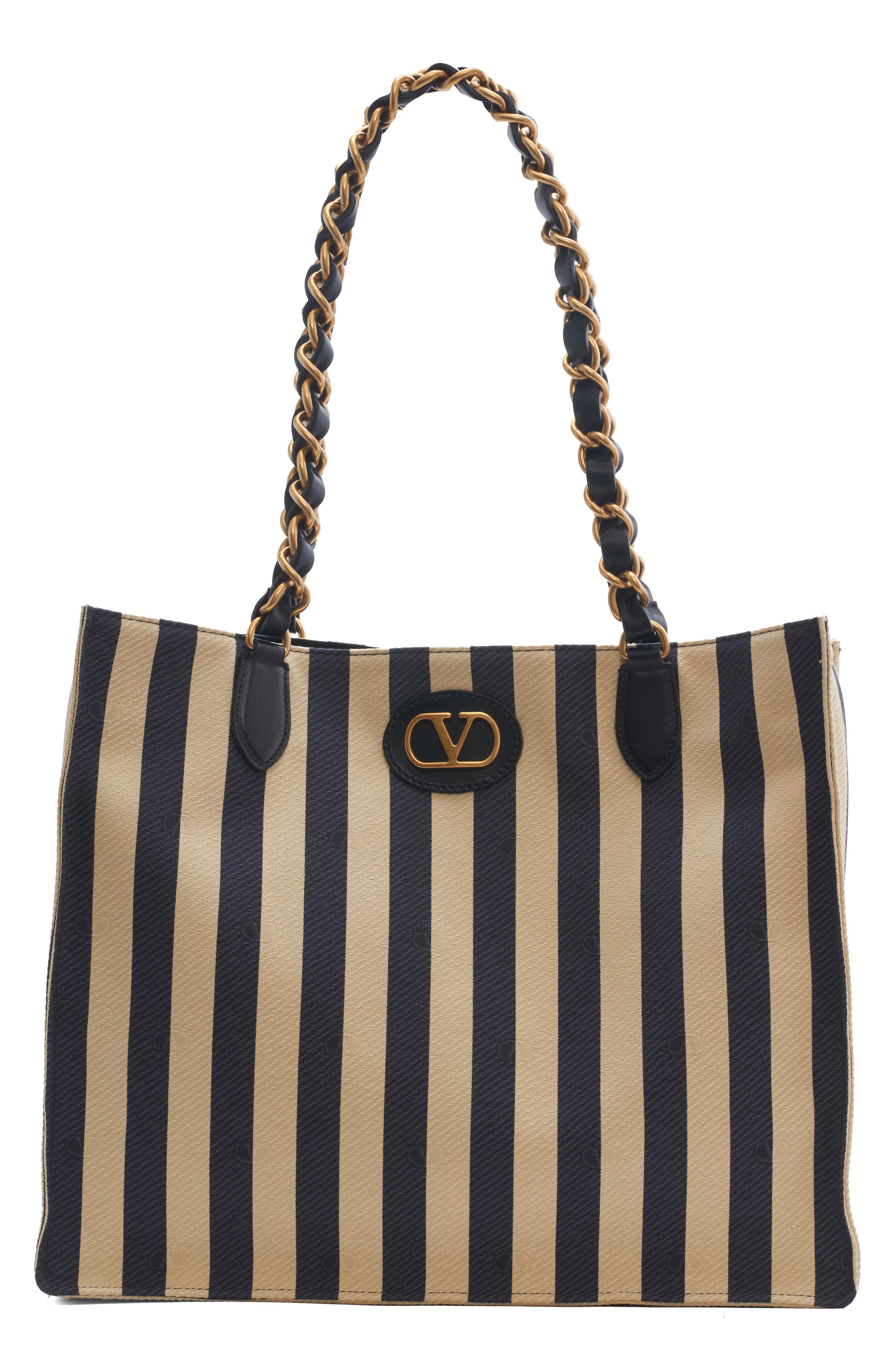 Valentino Garavani Kicky Stripe Nylon & Cotton Tote, Main, color, Black/Khaki