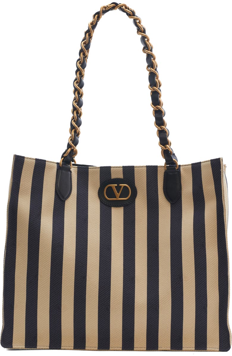 Valentino Garavani Kicky Stripe Nylon & Cotton Tote, Main, color, Black/Khaki