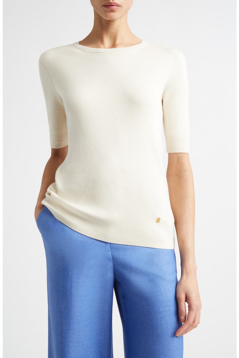 Marlie Short Sleeve Silk & Cotton Sweater, Main, color, ECRU