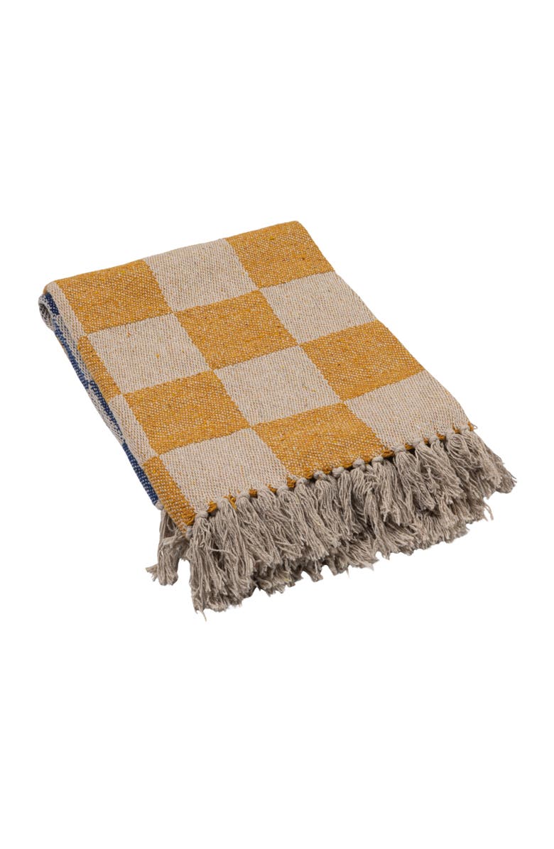 Storied Home Woven Cotton Blend Throw with Checkered Pattern and Fringe, Yellow, Blue and Natural, Main, color, Blue