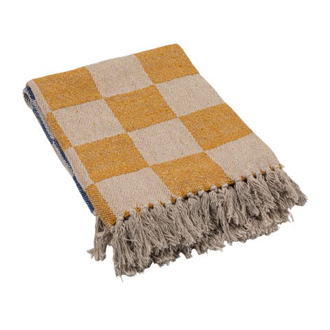 Woven Cotton Blend Throw with Checkered Pattern and Fringe, Yellow, Blue and Natural