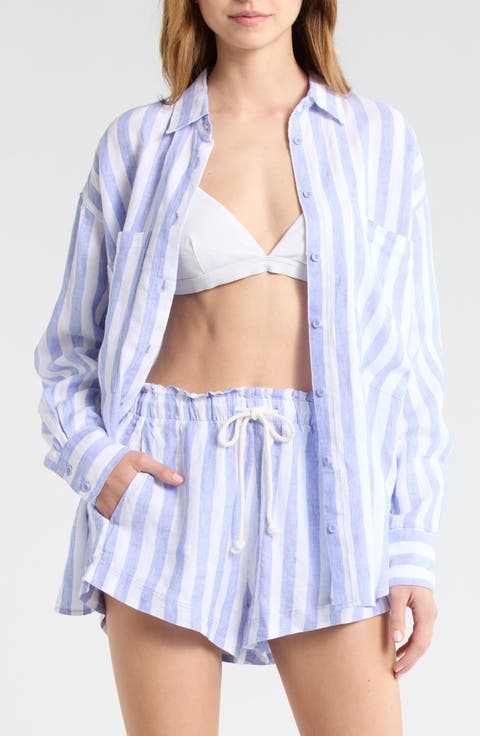 Getaway Stripe Linen Cover-Up Shirt