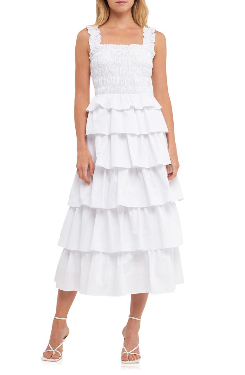 English Factory Shirred Ruffle Tiered Cotton Sundress, Main, color, White