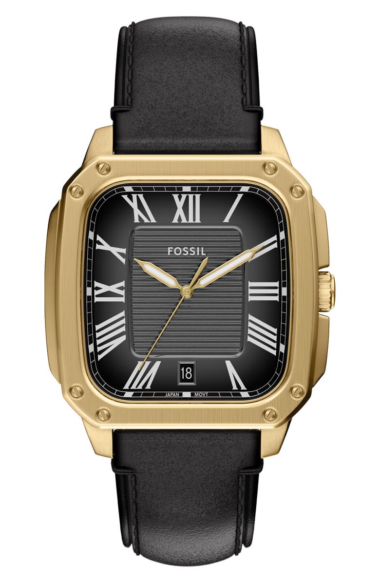 Fossil Crosby Leather Strap Watch, 42mm x 30mm, Main, color, Black