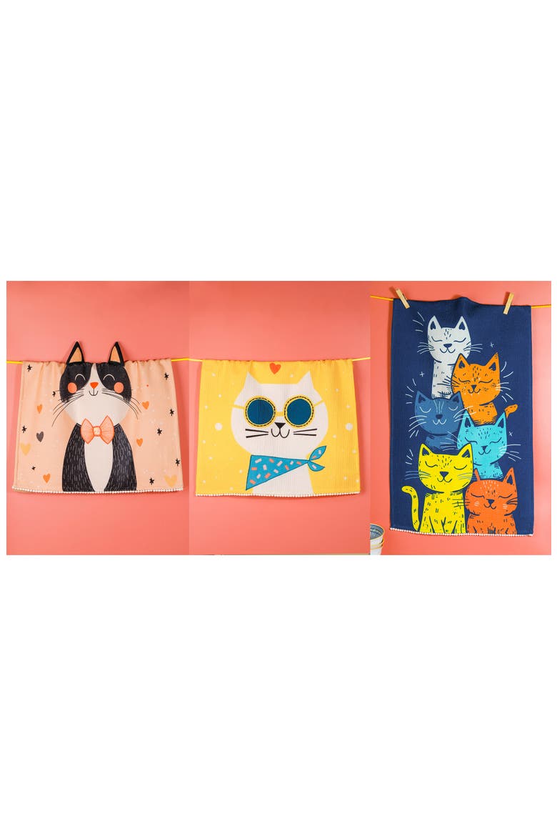 Cool Cats Set of 3 Cotton Kitchen Towels, Alternate, color, BLUE/ YELLOW/ BLACK
