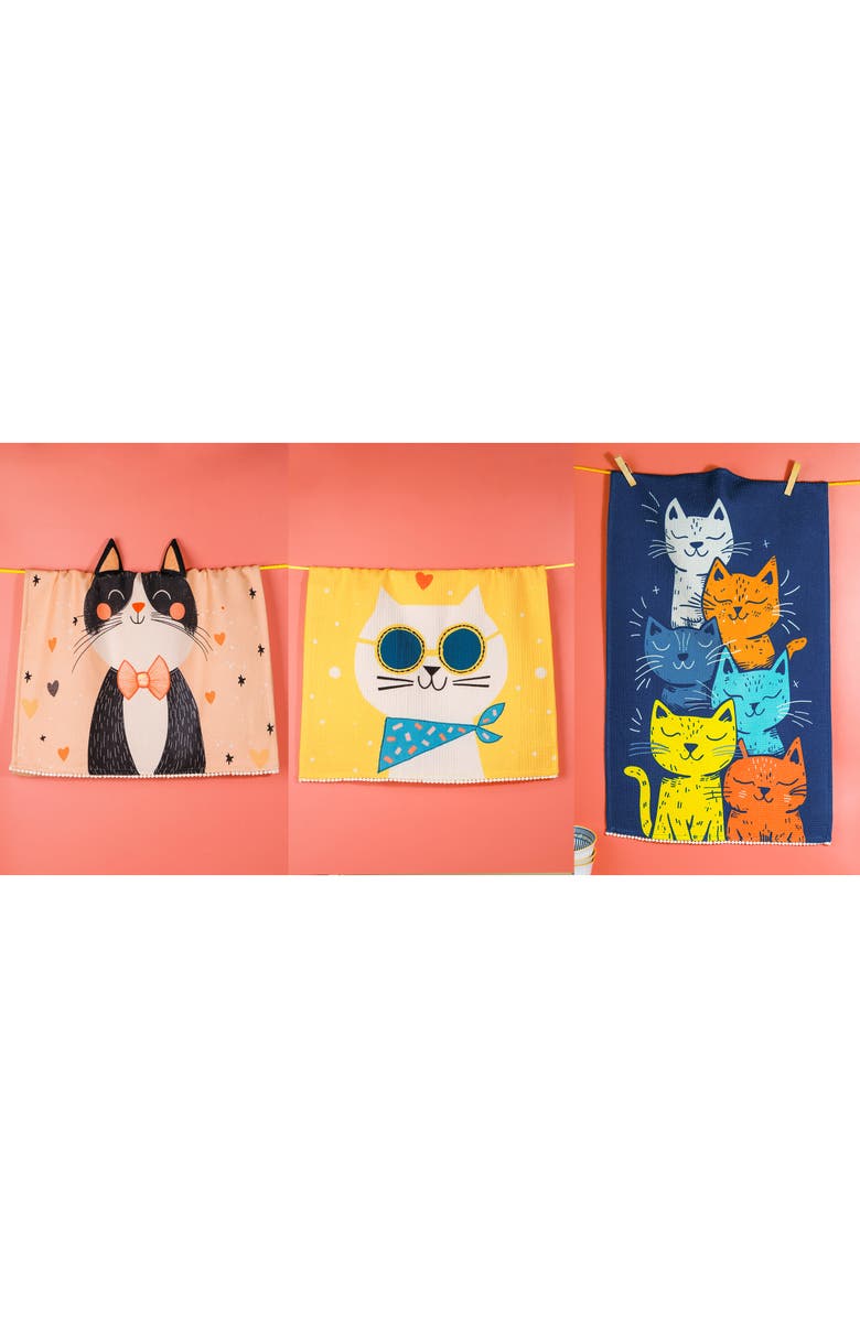 Tiramisu Cool Cats Set of 3 Cotton Kitchen Towels, Alternate, color, Blue/ Yellow/ Black