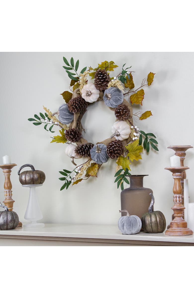 Northlight Pumpkins and Pinecones Artificial Burlap Fall Harvest Wreath - 24" - Beige and Green, Alternate, color, 